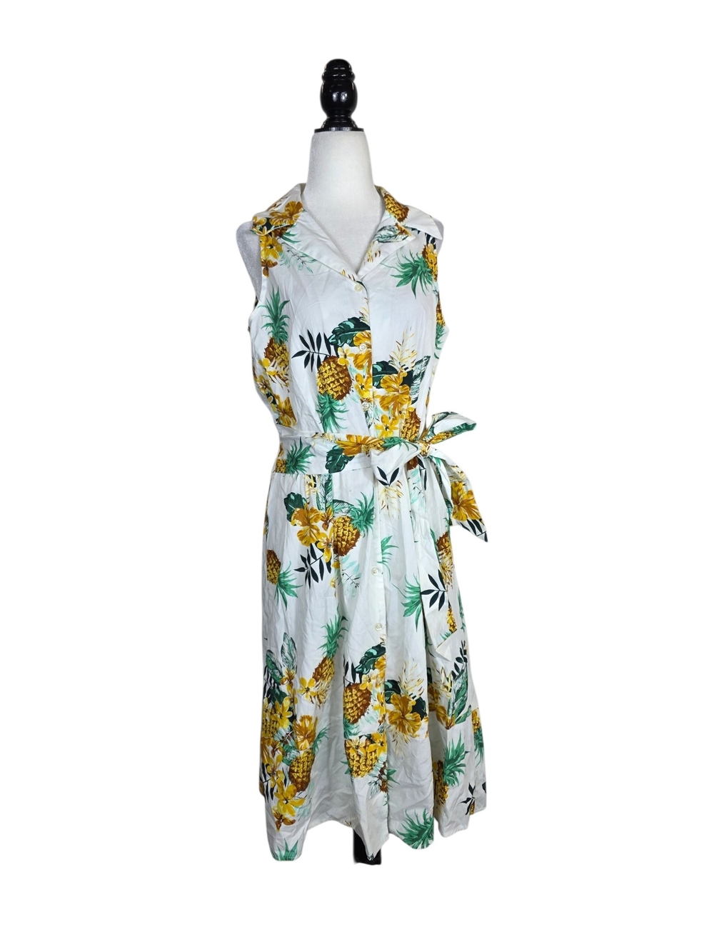 Sleeveless White Pineapple-Print Tie-Waist Midi Dress